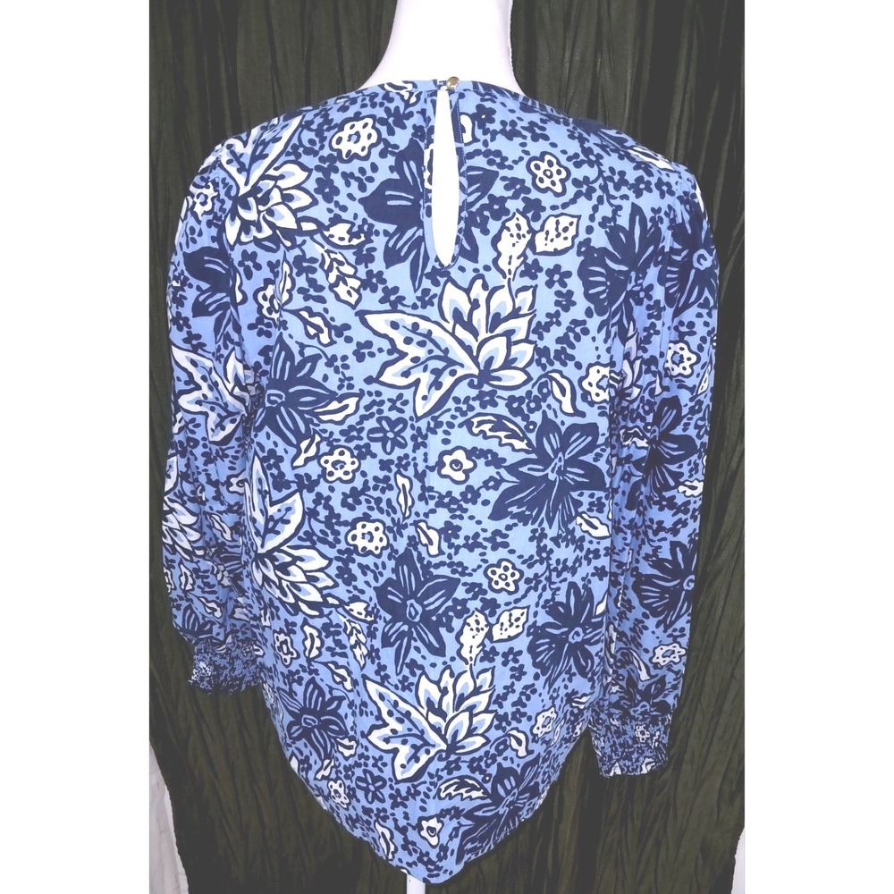 Sail to Sable Blue Floral Cotton Blouse Smocked Cuff Long Sleeve Top Large STS - Picture 2 of 8